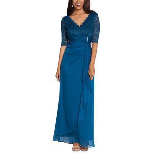 Betsy & Adam Women's Lace Top Waterfall Detail Gown Peacock Blue Size 16